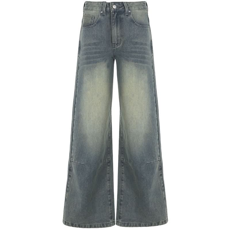 Autumn Winter Retro Distressed Dirty Pants High Waist Straight Loose Wide Leg Jeans - Eshtree