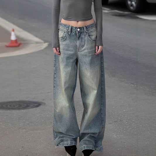 Autumn Winter Retro Distressed Dirty Pants High Waist Straight Loose Wide Leg Jeans - Eshtree