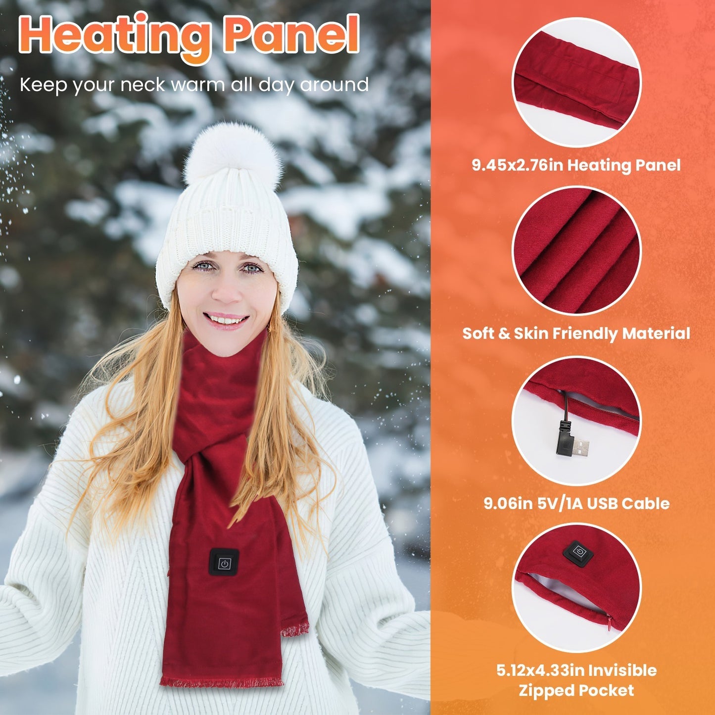 1Pc Electric Heated Winter Scarf USB Heating Neck Wrap Unisex Heated Neck Shawl Soft Warm Scarves With 3 Heating Modes For Outdoor Cycling Skiing Skating Winter Activities