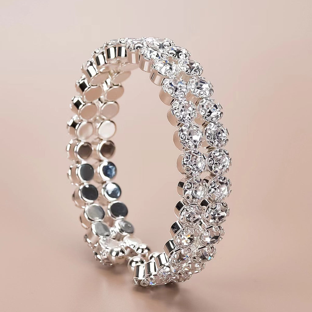 Elastic Bracelet Double Row Large Rhinestone Jewelry Wide Opening