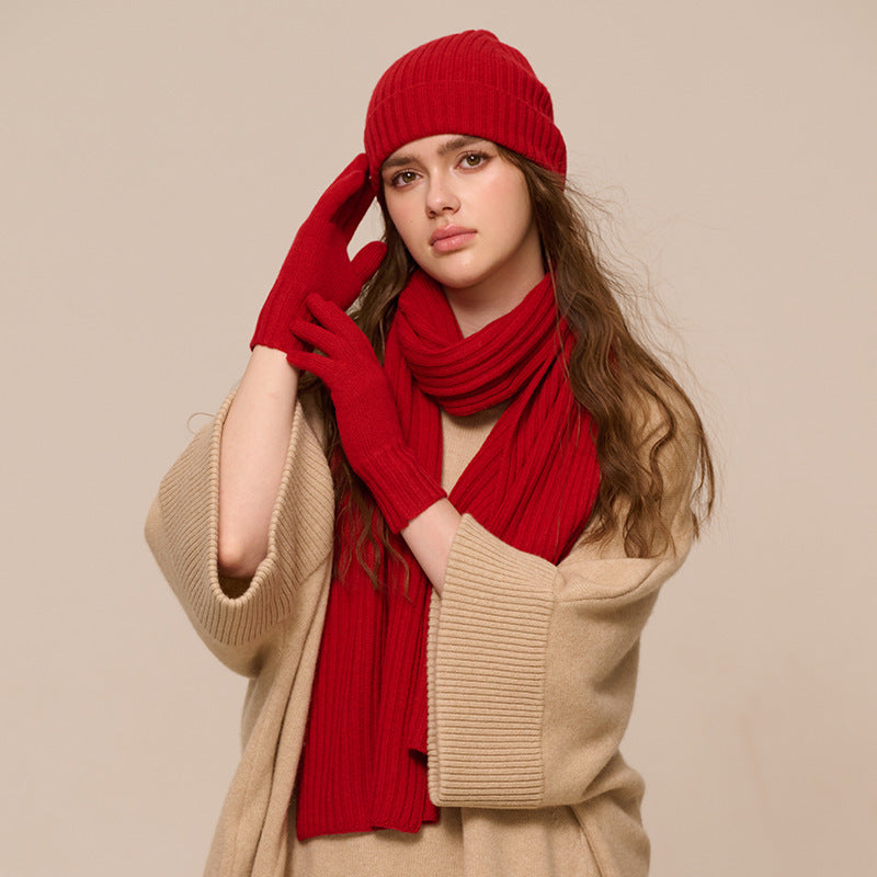 New Wool Scarf Hat Gloves Three-piece Set For Women