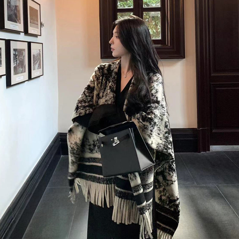 Ink Painting Double-sided Shawl Outer Match Women's Autumn And Winter Retro High Sense