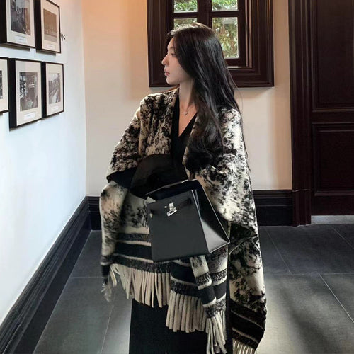 Ink Painting Double-sided Shawl Outer Match Women's Autumn And Winter Retro High Sense