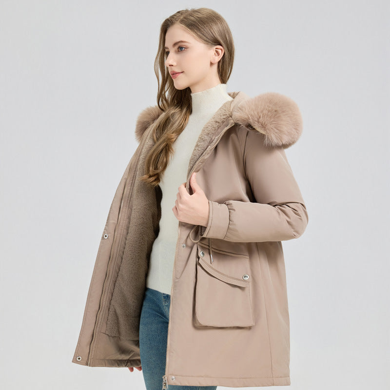 Women's Winter Fur-Lined Hooded Parka Coat Mid Length Down