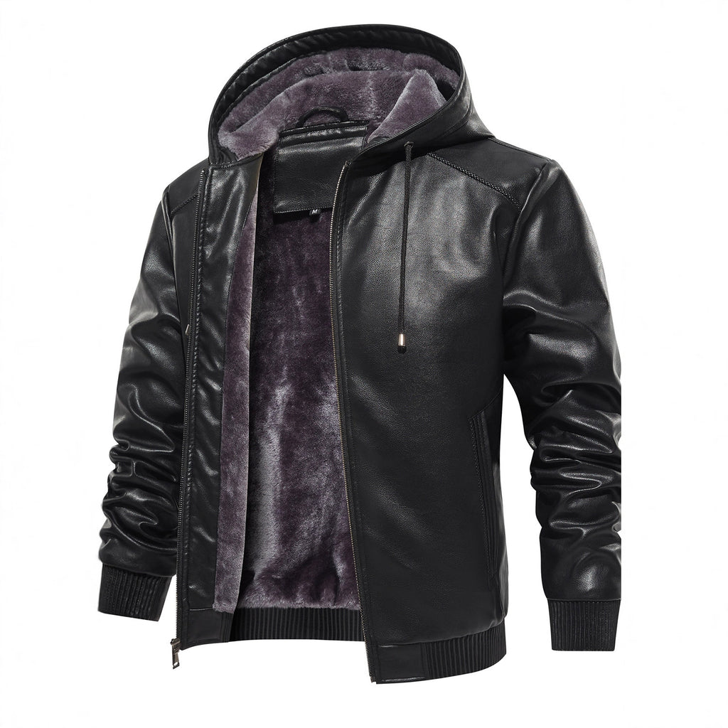 Men's Hooded Warm PU Leather Coat