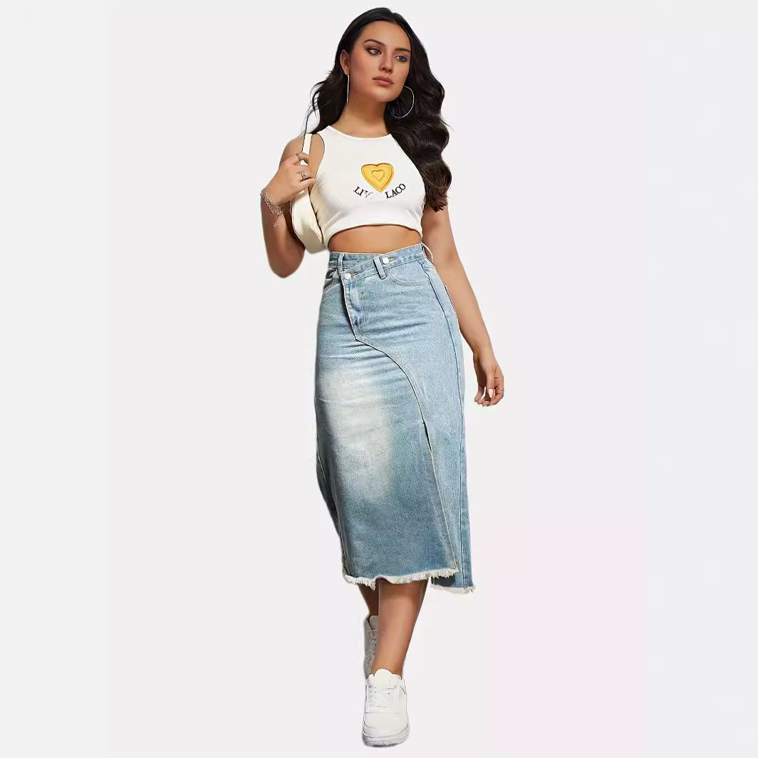 American Retro Denim Split Stitching Skirt