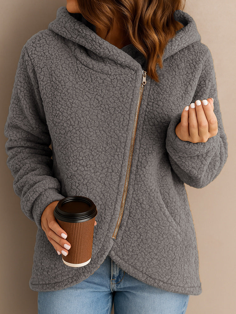 Casual Loose Lambswool Long Sleeve Zipper Hoodie Coat