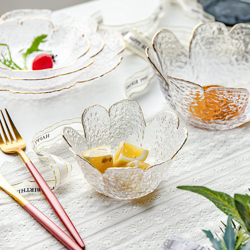 Japanese Style Hammer Pattern Petal Glass Bowl Plate Set