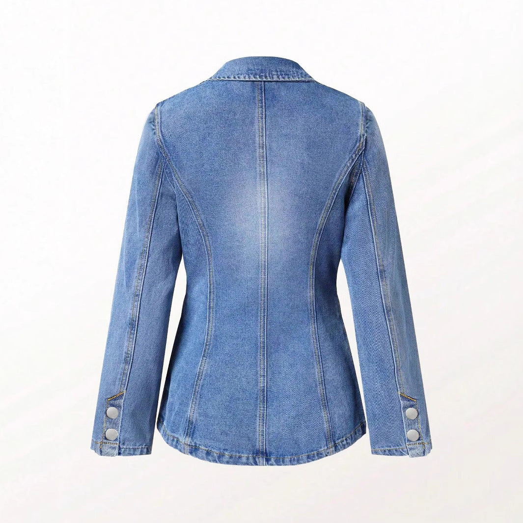 Slim-fit And Slimming Solid-color Denim Jacket With A Suit Collar