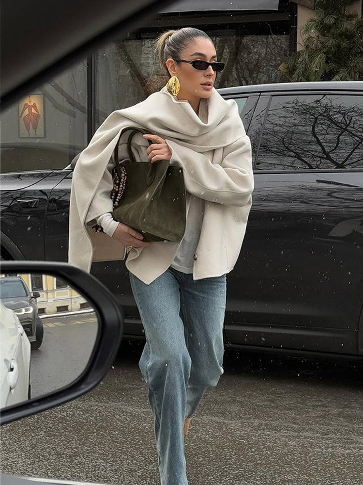 Solid Color Scarf Collar Single-breasted Woolen Coat For Women