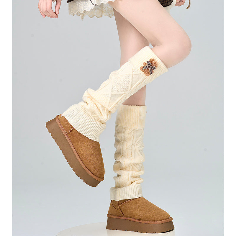 Bear Foot Sock Knitted Bow Hair Ball Pile Style Leg Warmer
