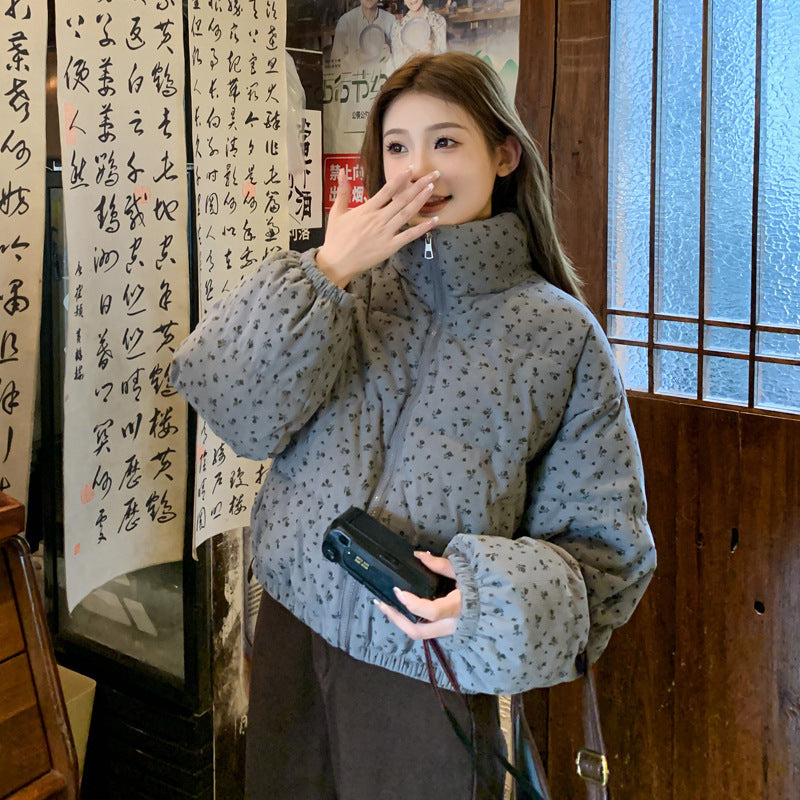 Korean College Style Thickened Long Sleeve Cotton Coat Flower Cotton-padded Jacket