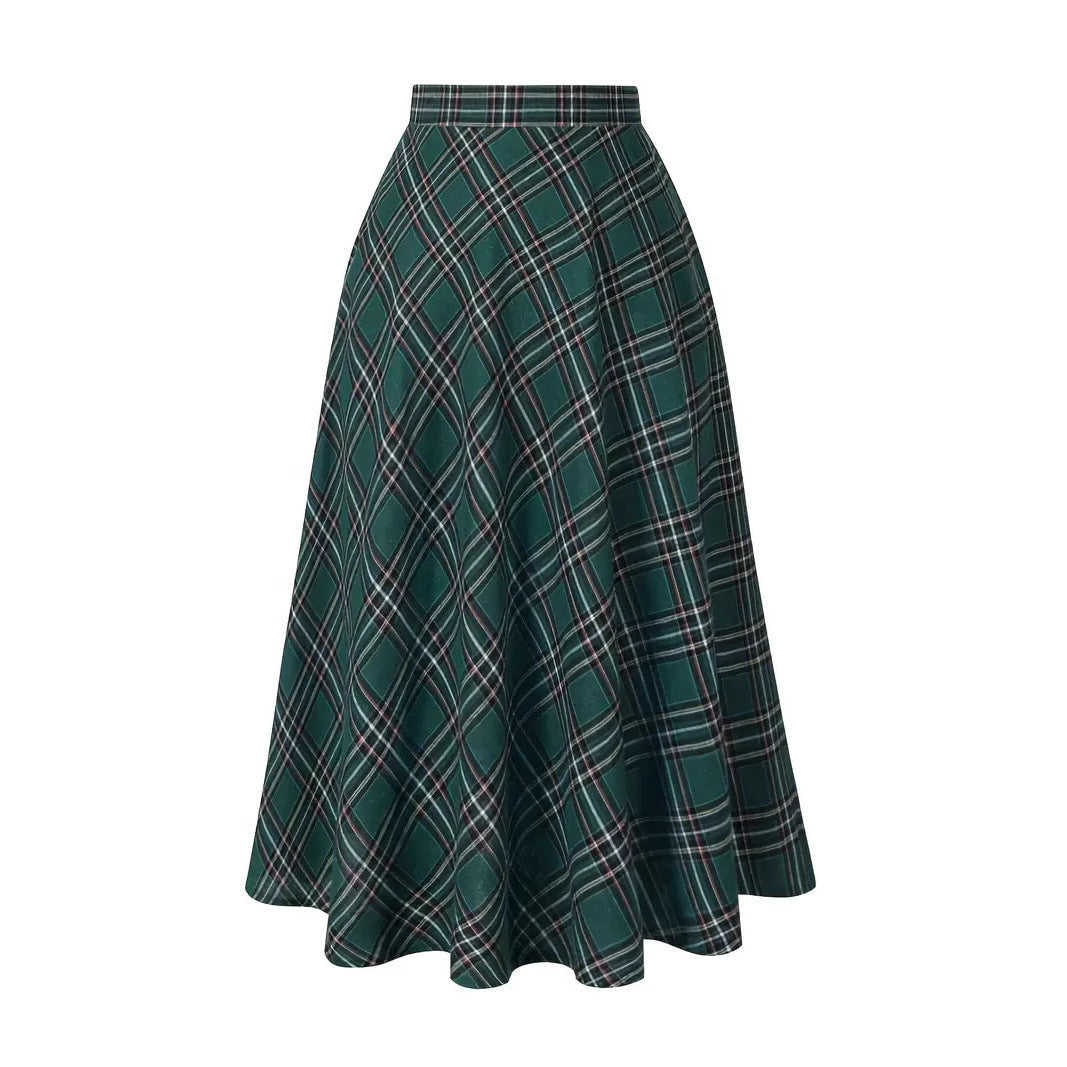 Women's High Waist Casual Loose Plaid Midi Dress