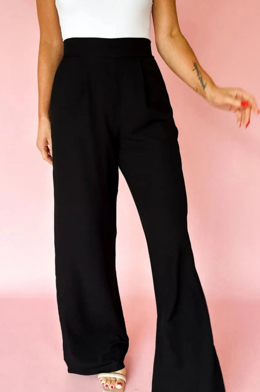 Black Pleated Detail Pull On High Elastic Waist Loose Straight Pants