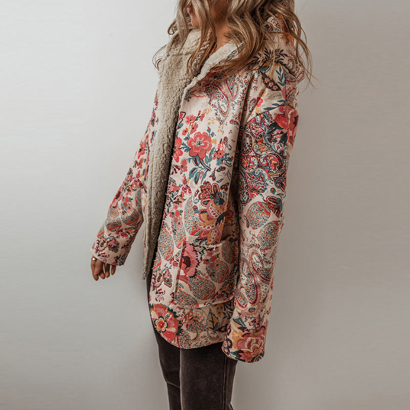 Casual Fleece Printed Long Sleeve Hooded Jacket