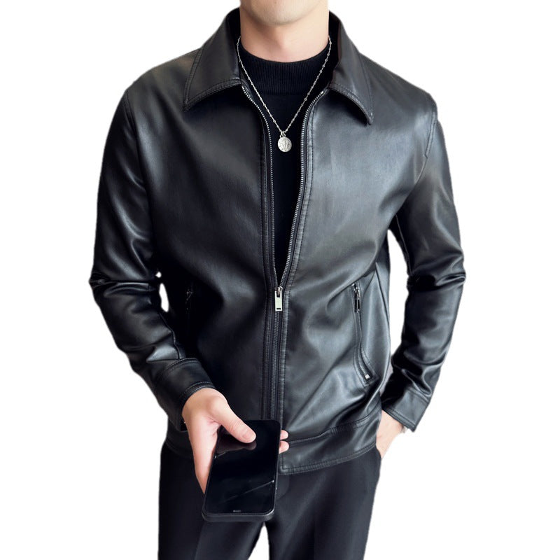 Men's Simple Casual Solid Color Windproof Handsome PU Leather Jacket Top