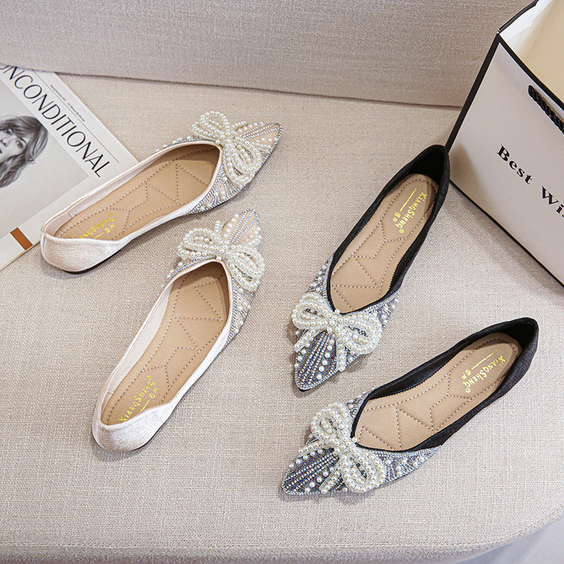 Pearl Rhinestone Bow Pointed Pumps Women