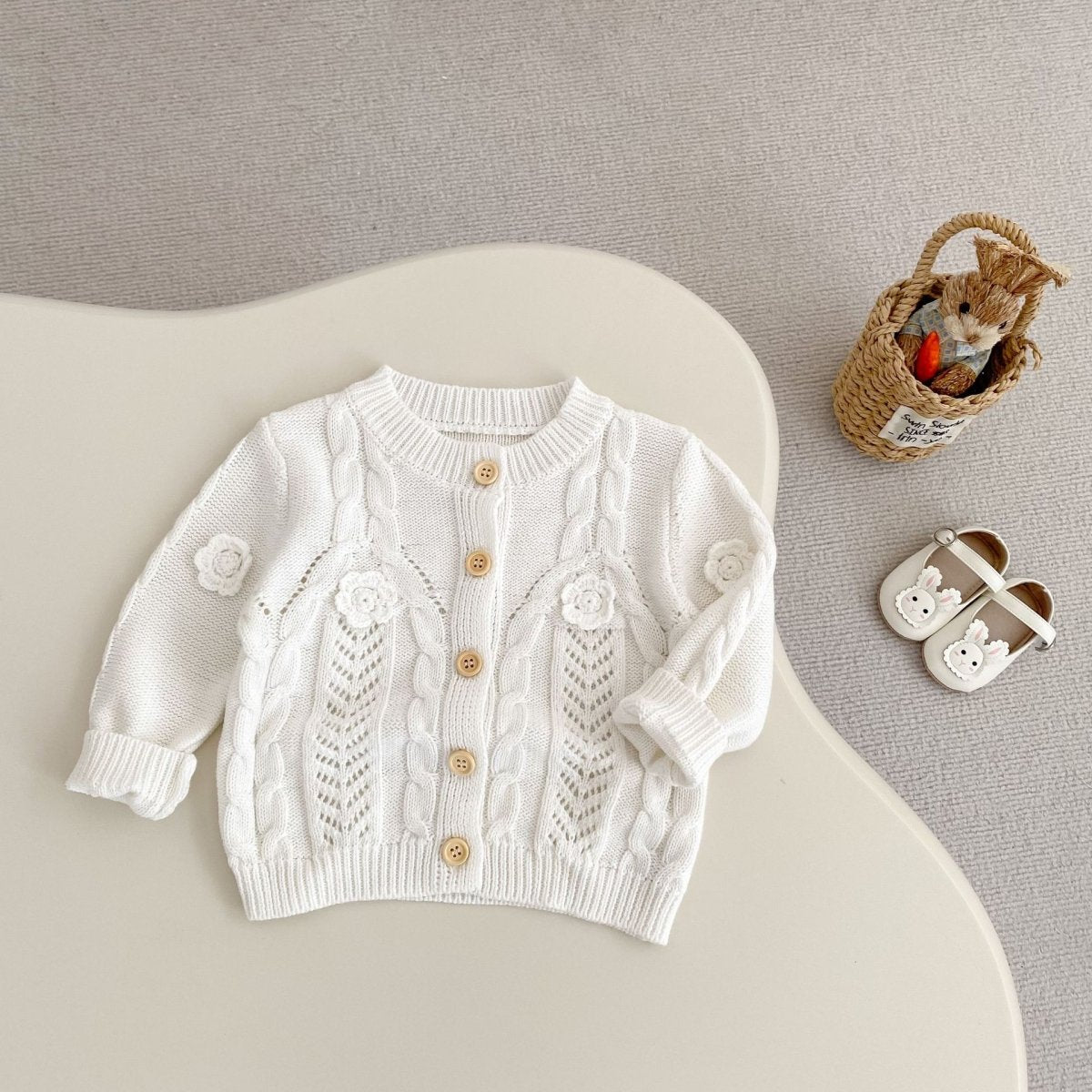 Baby Girl Hand Crocheting Flowers Twist Knit Pure Cotton Jacket - Eshtree