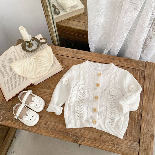 Baby Girl Hand Crocheting Flowers Twist Knit Pure Cotton Jacket - Eshtree