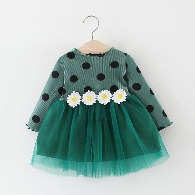 Baby Girl Long Sleeve Polka Dot Waist Flower Mesh Princess Dress - Eshtree