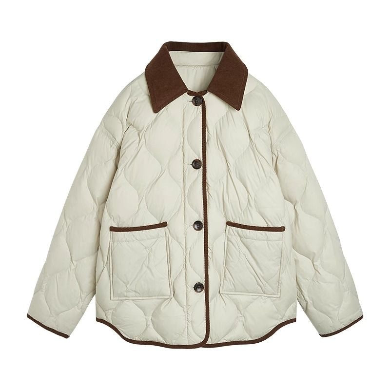 Design Lapel Hit Color Diamond Lattice Winter Coat