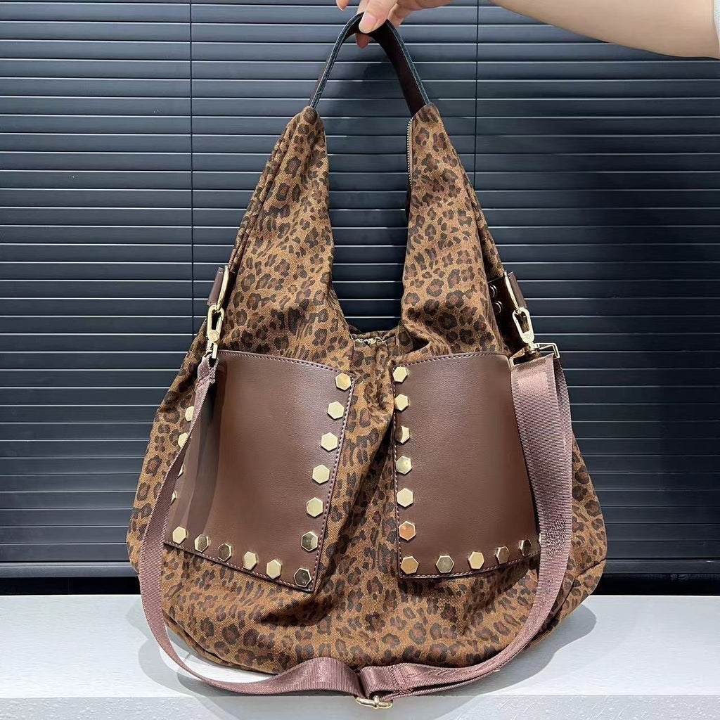 Women's Retro Leopard Print Bag Large Capacity Patchwork Handbag