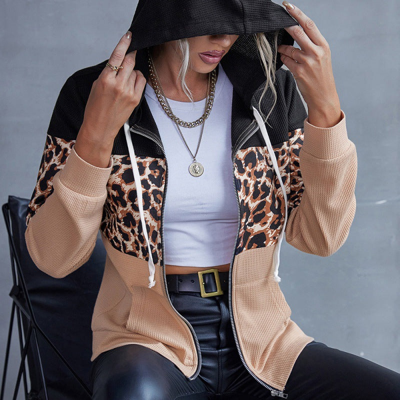 Leopard Print Stitching Zipper Sweater Hooded Jacket Women