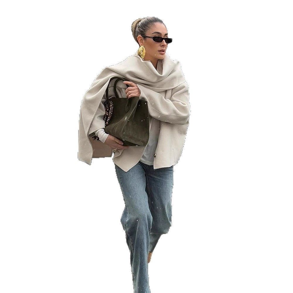 Solid Color Scarf Collar Single-breasted Woolen Coat For Women