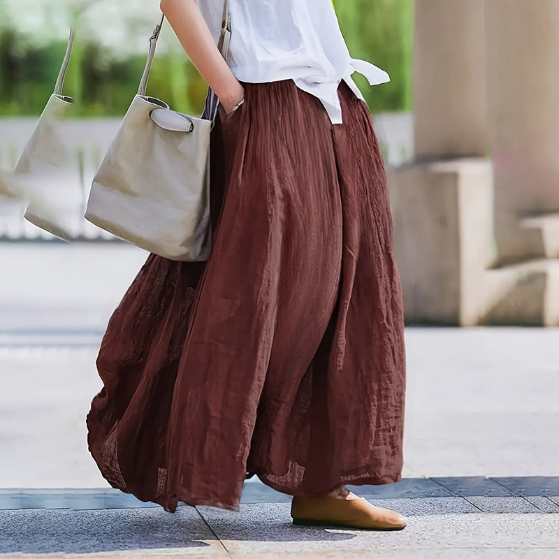 Women Bohemian Beach A-Line Dress Elastic Waist Flowy Long Maxi Skirt With Pockets