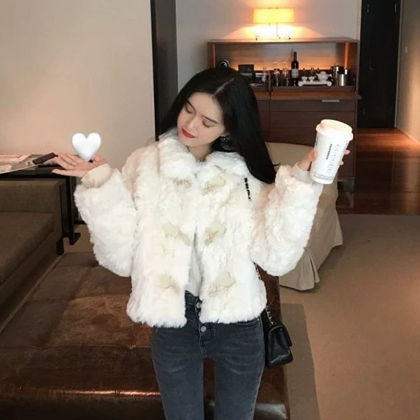 Lamb Fur Coat For Women Horn Button One-piece Loose