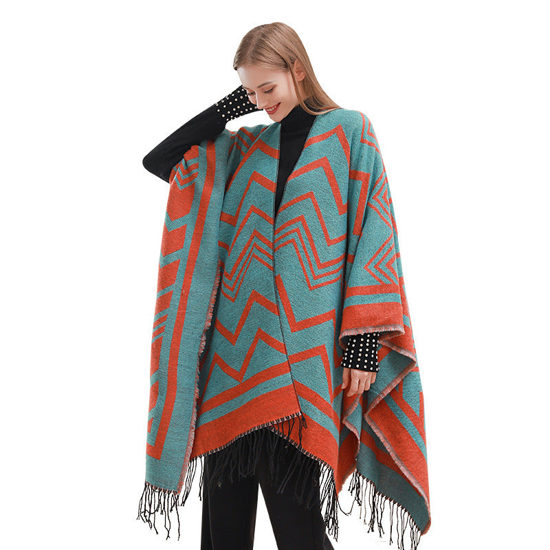 Fashionable With Side-slit Shawl Cape Herringbone Wave Scarf Shawl Suitable For Chinese