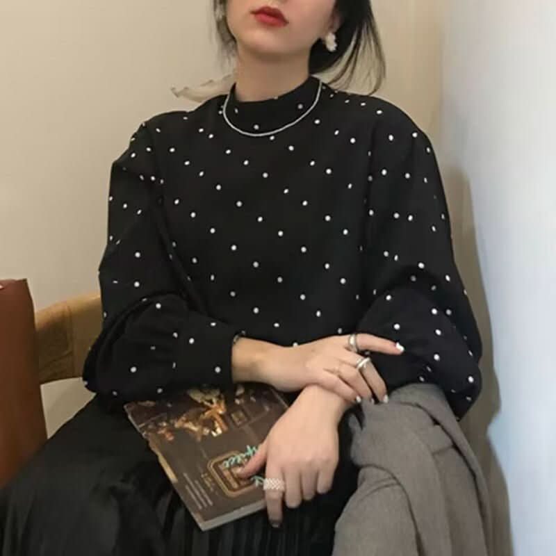 Black And White Polka - dot Turtleneck Relaxed - fit Puff - sleeve Base Shirt - Eshtree
