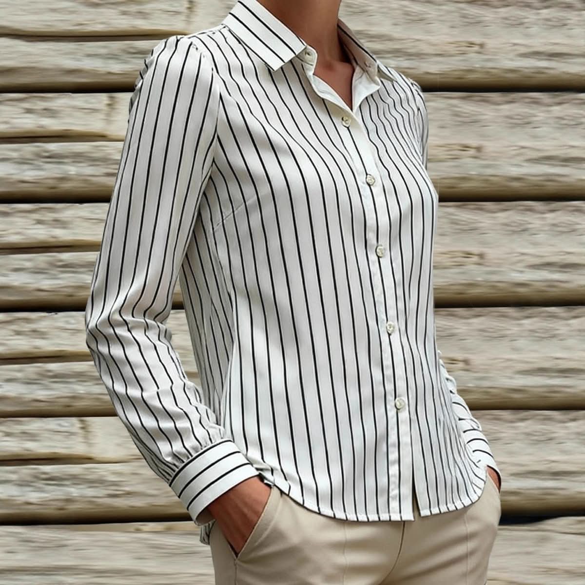 Black And White Striped Silky Satin Lapel Shirt - Eshtree