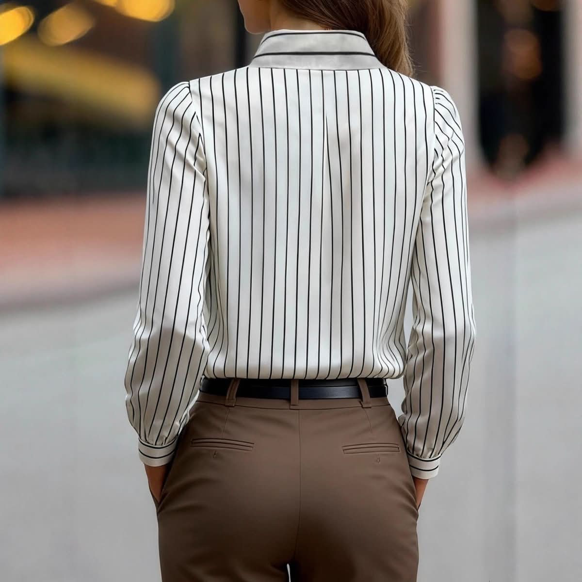 Black And White Striped Silky Satin Lapel Shirt - Eshtree