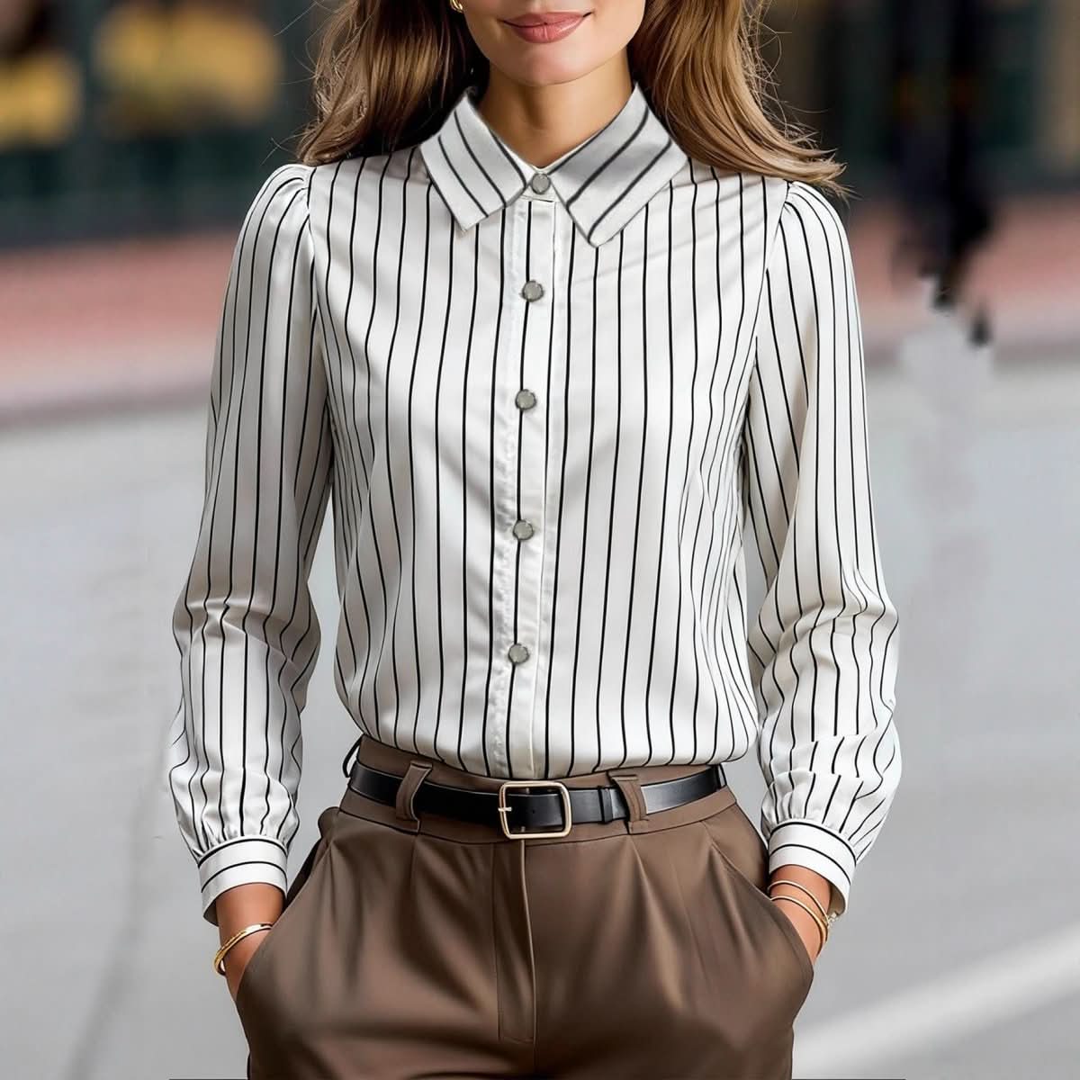 Black And White Striped Silky Satin Lapel Shirt - Eshtree