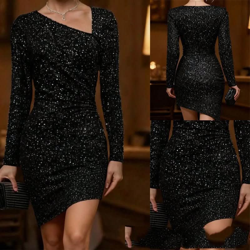 Black Sequined Square - neck Long - sleeve Slim - fit Hip - hugging Mini Dress - Eshtree