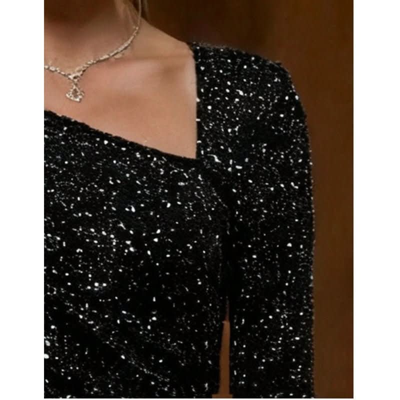 Black Sequined Square - neck Long - sleeve Slim - fit Hip - hugging Mini Dress - Eshtree