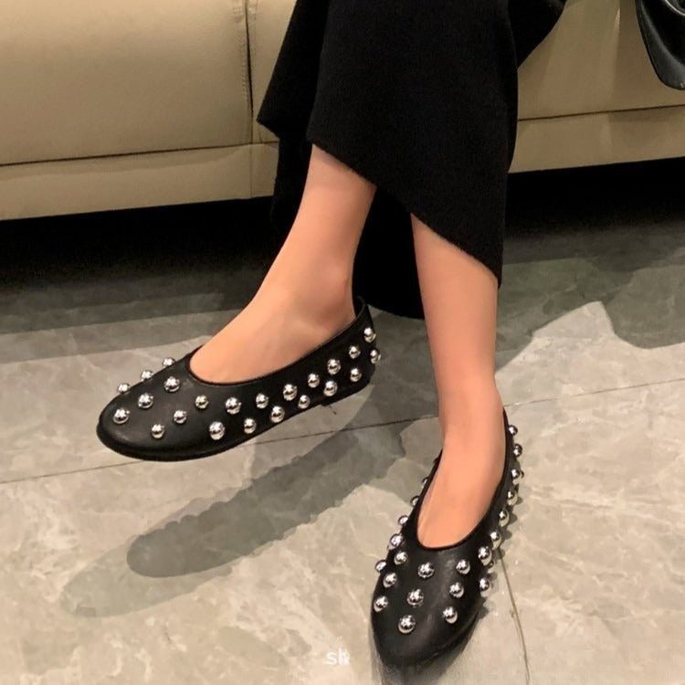 Black Studded Leather Ballet - style Flat Casual Shoes - Eshtree