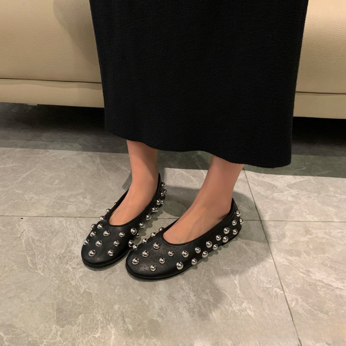 Black Studded Leather Ballet - style Flat Casual Shoes - Eshtree