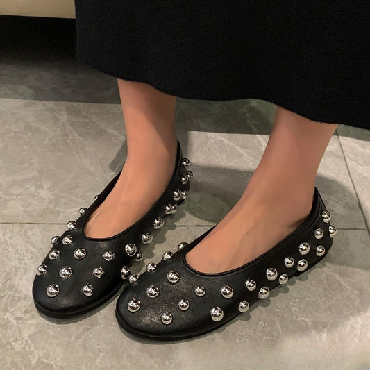Black Studded Leather Ballet - style Flat Casual Shoes - Eshtree