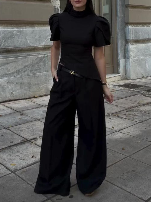 Black Turtleneck Puff Sleeve Waist - Cinched Top & High Waist Wide - Leg Pants Set - Eshtree