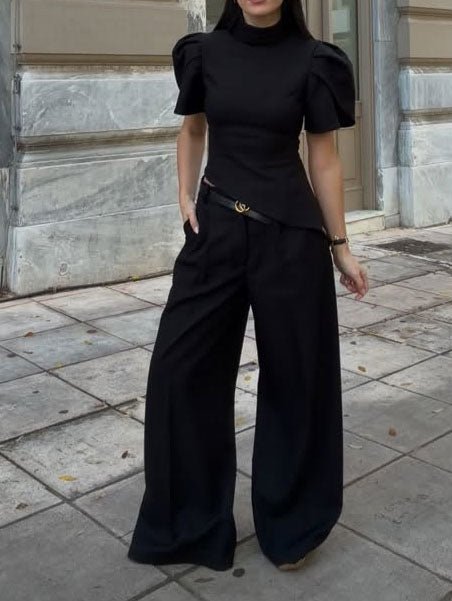 Black Turtleneck Puff Sleeve Waist - Cinched Top & High Waist Wide - Leg Pants Set - Eshtree