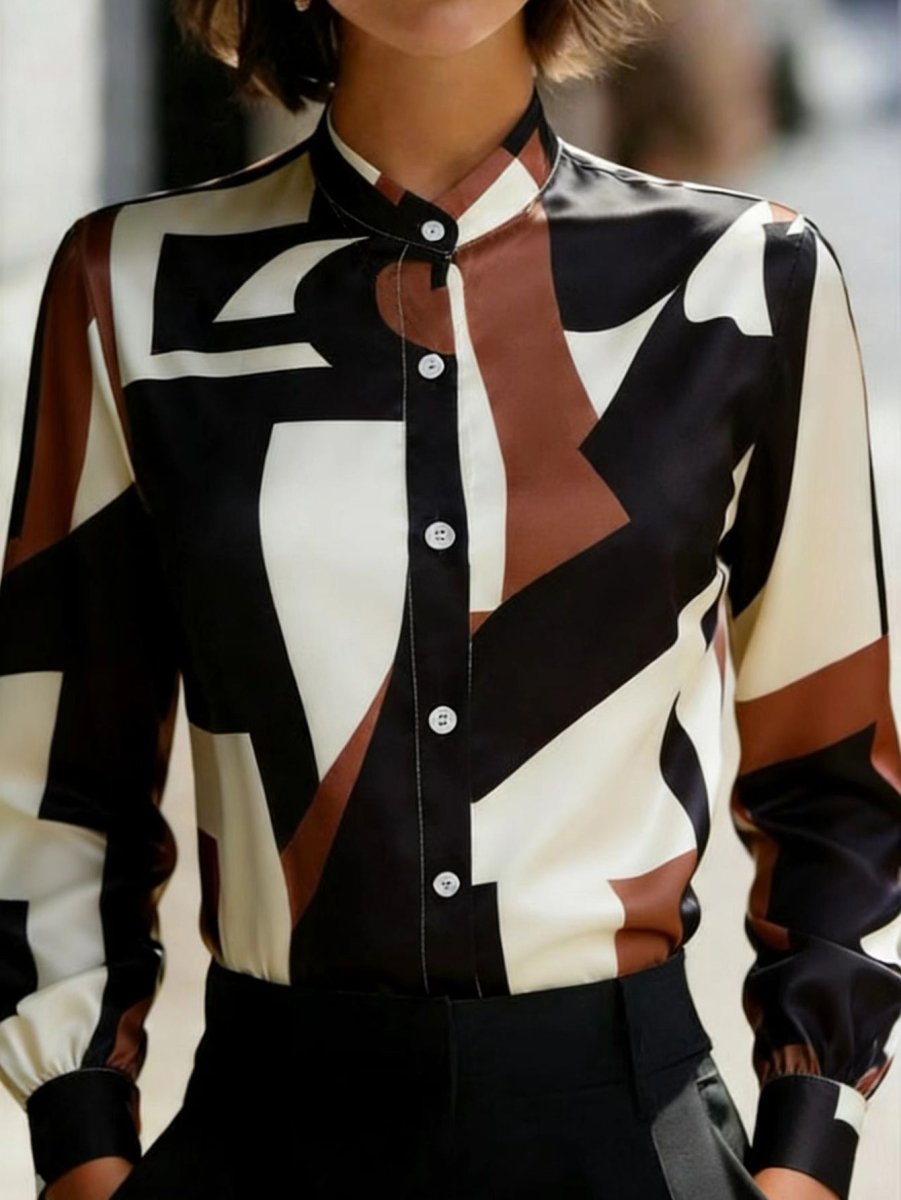 Bold Geometric Color - Block Printed Stand Collar Lantern Sleeve Shirt - Eshtree