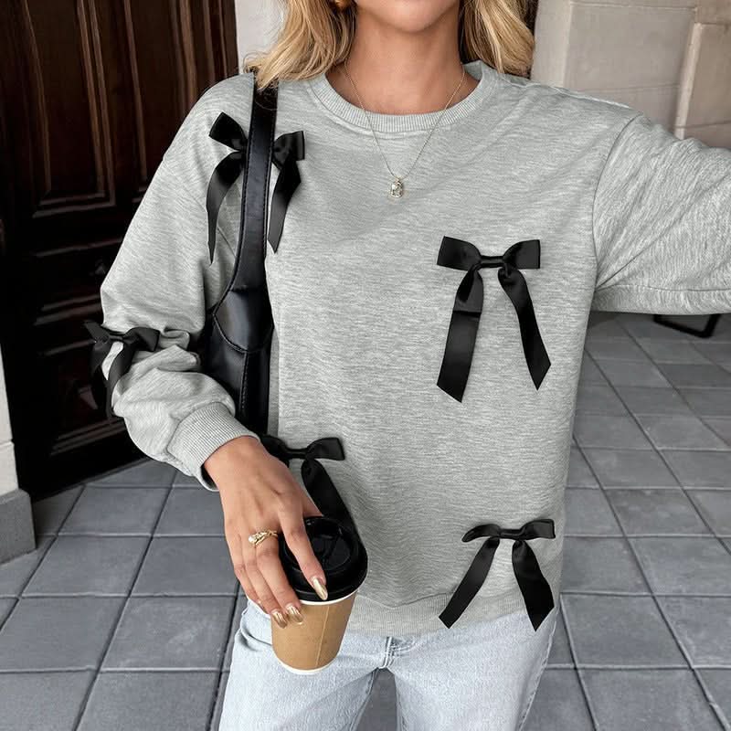 Bow Decoration Gray Round - collar Sweater For Women - Eshtree