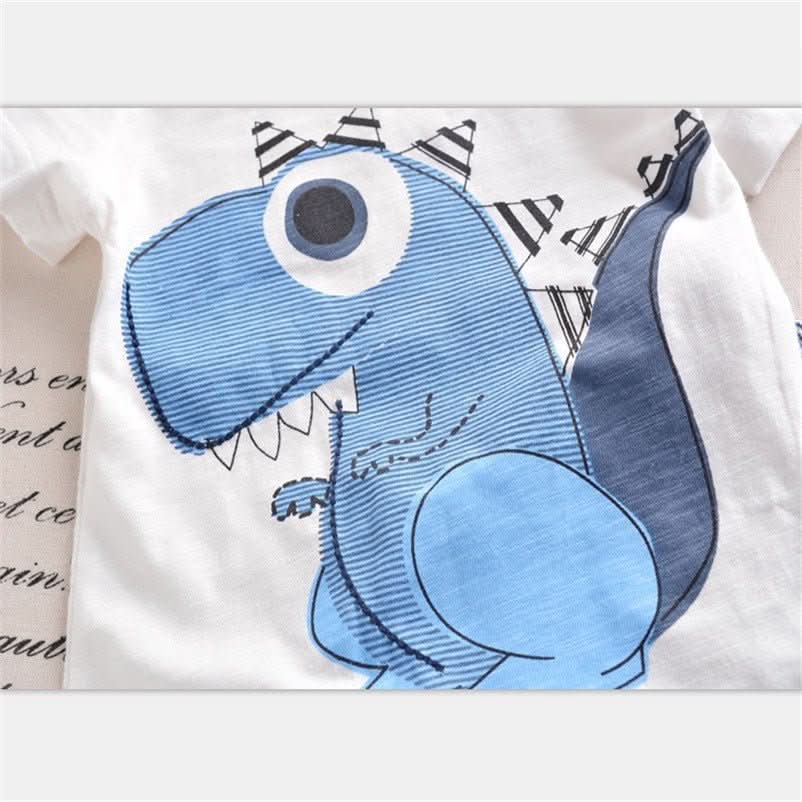 Boy Cartoon Dinosaur Short Sleeve Stripe Shorts Set - Eshtree