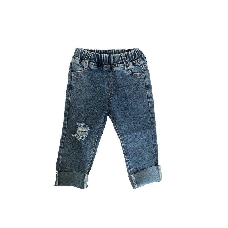 Boys Ripped Jeans Raw Edge Stretch Denim Trousers - Eshtree