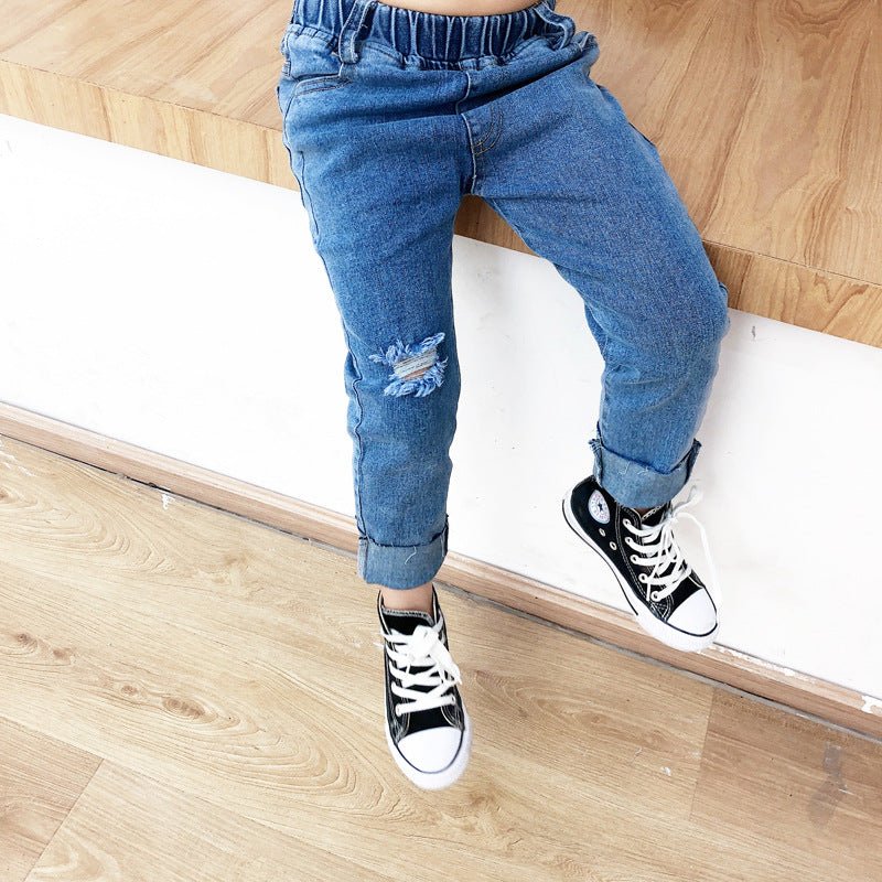 Boys Ripped Jeans Raw Edge Stretch Denim Trousers - Eshtree