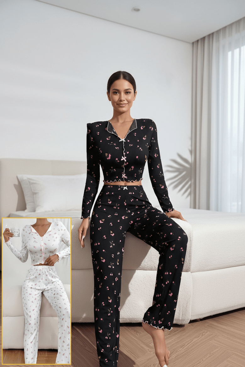 بيجامة حريمي قطعتين قطن ناعم بطبعة أنيقة - Eshtree