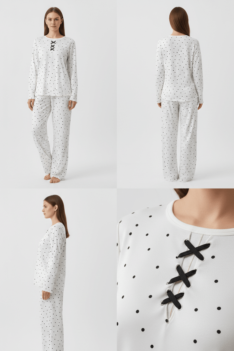 بيجامة حريمي شتوية قطعتين بطبعة نقاط صغيرة - Eshtree