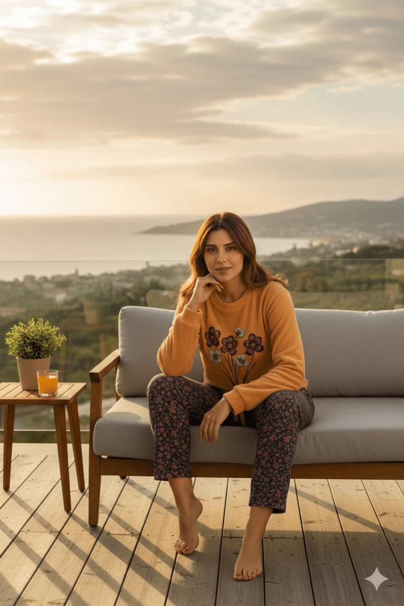 بيجامة حريمي شتوي قطعتين بطبعة زهور - Eshtree